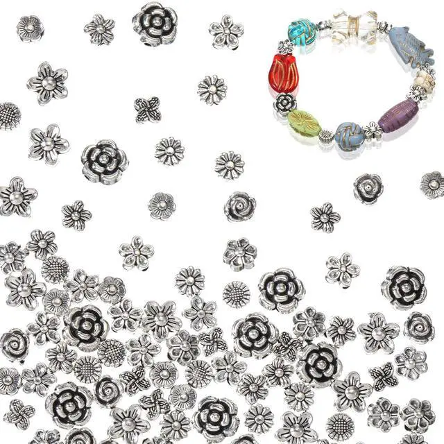Main image of 100 Pcs Antique Silver Metal Spacer Beads for Jewelry Making, 6mm Alloy Tibetan Flower Bead Spacers Loose Rondelle Charm Spacers for DIY Crafts Bracelets Necklaces Earrings Making