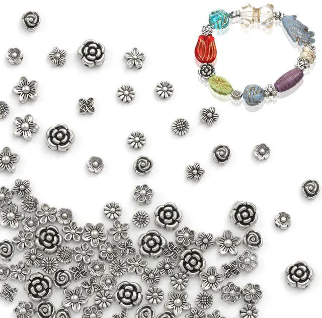 Alt view image 7 of 7 - 100 Pcs Antique Silver Metal Spacer Beads for Jewelry Making, 6mm Alloy Tibetan Flower Bead Spacers Loose Rondelle Charm Spacers for DIY Crafts Bracelets Necklaces Earrings Making
