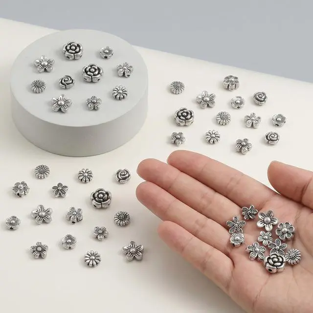 Alt view image 5 of 7 - 100 Pcs Antique Silver Metal Spacer Beads for Jewelry Making, 6mm Alloy Tibetan Flower Bead Spacers Loose Rondelle Charm Spacers for DIY Crafts Bracelets Necklaces Earrings Making