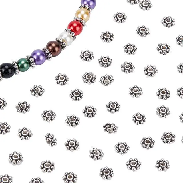 Main image of 300pcs Tibetan Flower Spacer Beads 6mm Antique Silver Beads Daisy Spacers Alloy Metal Jewelry Spacers Mini Snowflake Loose Beads for Bracelet Necklace Earring Jewelry Making
