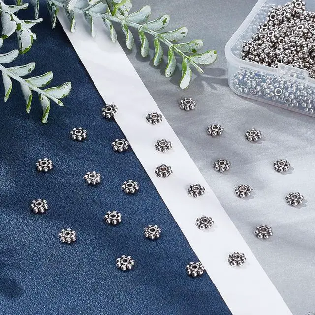 Alt view image 6 of 7 - 300pcs Tibetan Flower Spacer Beads 6mm Antique Silver Beads Daisy Spacers Alloy Metal Jewelry Spacers Mini Snowflake Loose Beads for Bracelet Necklace Earring Jewelry Making