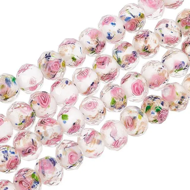 Main image of 60pcs 9~10mm Rose Lampwork Beads Gold Sand Glass Beads Handmade Flower Glass Beads Round Loose Beads for Rosary Making Jewelry Craft Making with 1.5~2mm Hole - White
