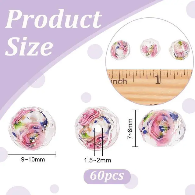 Alt view image 2 of 7 - 60pcs 9~10mm Rose Lampwork Beads Gold Sand Glass Beads Handmade Flower Glass Beads Round Loose Beads for Rosary Making Jewelry Craft Making with 1.5~2mm Hole - White