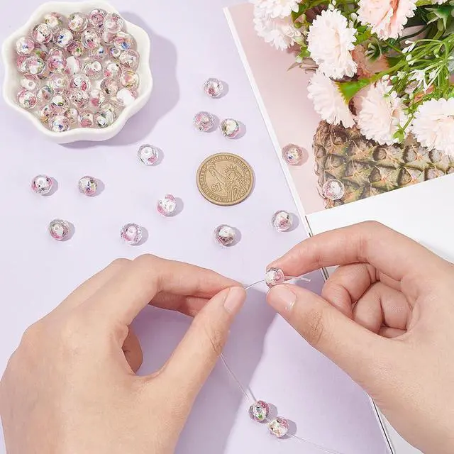 Alt view image 3 of 7 - 60pcs 9~10mm Rose Lampwork Beads Gold Sand Glass Beads Handmade Flower Glass Beads Round Loose Beads for Rosary Making Jewelry Craft Making with 1.5~2mm Hole - White