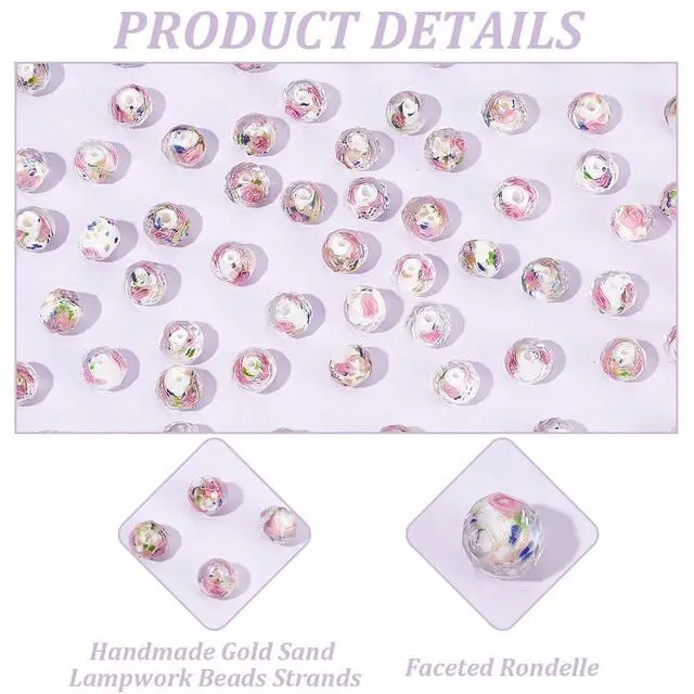 Alt view image 4 of 7 - 60pcs 9~10mm Rose Lampwork Beads Gold Sand Glass Beads Handmade Flower Glass Beads Round Loose Beads for Rosary Making Jewelry Craft Making with 1.5~2mm Hole - White