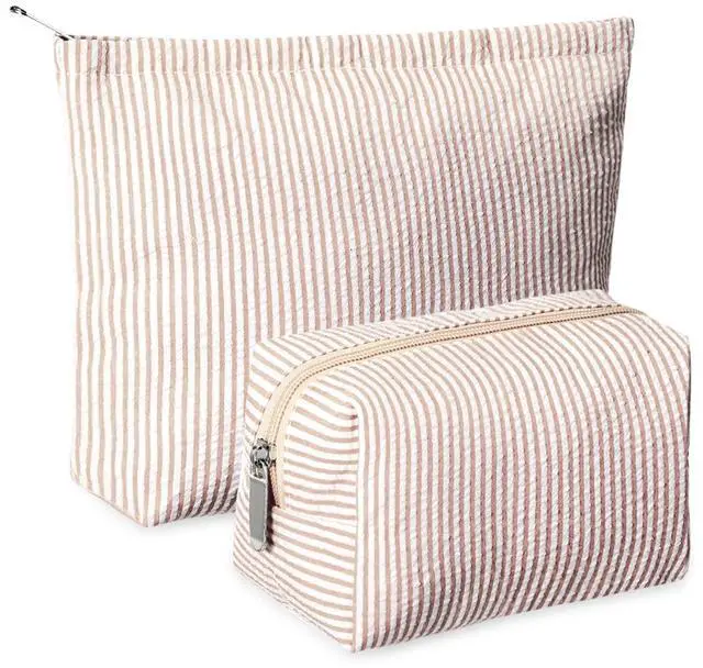 Main image of 2 Pcs Makeup Bag Set Cute Cosmetic Pouch for Women Seersucker Travel Toiletry Bag Preppy Small Makeup Purse Pouch Aesthetic Skincare Brushes Storage Organizer for Valentine Women(Khaki)