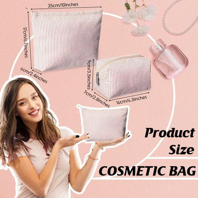 Alt view image 2 of 7 - 2 Pcs Makeup Bag Set Cute Cosmetic Pouch for Women Seersucker Travel Toiletry Bag Preppy Small Makeup Purse Pouch Aesthetic Skincare Brushes Storage Organizer for Valentine Women(Khaki)