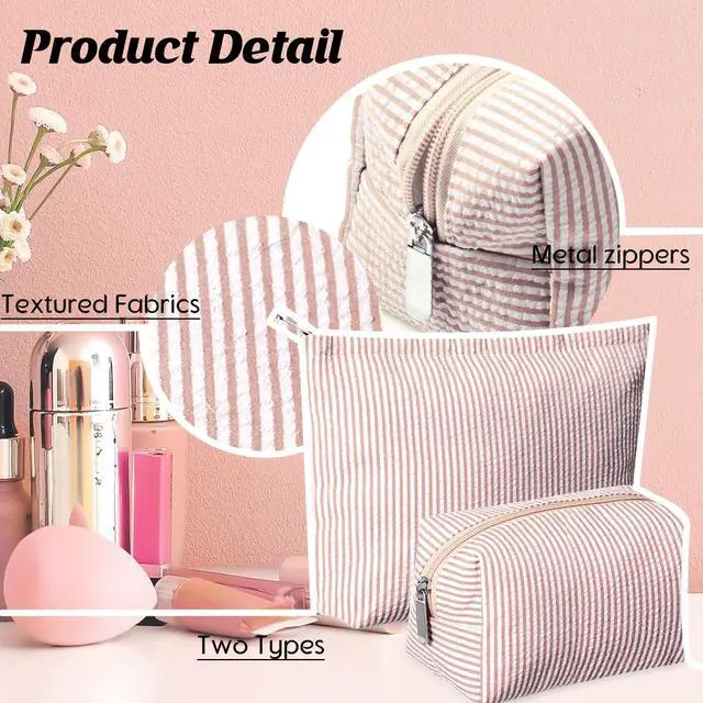 Alt view image 3 of 7 - 2 Pcs Makeup Bag Set Cute Cosmetic Pouch for Women Seersucker Travel Toiletry Bag Preppy Small Makeup Purse Pouch Aesthetic Skincare Brushes Storage Organizer for Valentine Women(Khaki)