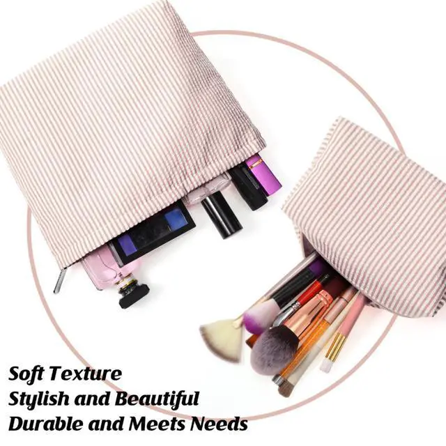 Alt view image 4 of 7 - 2 Pcs Makeup Bag Set Cute Cosmetic Pouch for Women Seersucker Travel Toiletry Bag Preppy Small Makeup Purse Pouch Aesthetic Skincare Brushes Storage Organizer for Valentine Women(Khaki)
