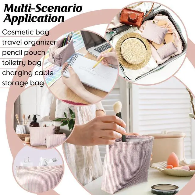 Alt view image 5 of 7 - 2 Pcs Makeup Bag Set Cute Cosmetic Pouch for Women Seersucker Travel Toiletry Bag Preppy Small Makeup Purse Pouch Aesthetic Skincare Brushes Storage Organizer for Valentine Women(Khaki)