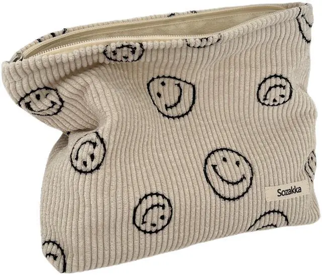 Main image of Cosmetic Bags for Women - Corduroy Cosmetic Bag Aesthetic Women Handbags Purses Smile Dots Makeup Organizer Storage Makeup Bag Girls Case Bags (A-Beige)