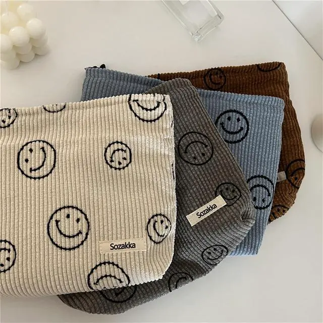 Alt view image 5 of 7 - Cosmetic Bags for Women - Corduroy Cosmetic Bag Aesthetic Women Handbags Purses Smile Dots Makeup Organizer Storage Makeup Bag Girls Case Bags (A-Beige)