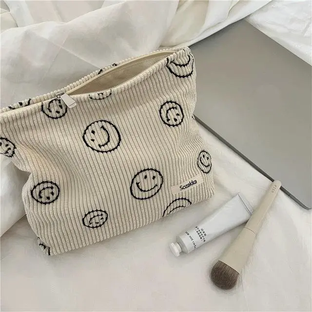 Alt view image 2 of 7 - Cosmetic Bags for Women - Corduroy Cosmetic Bag Aesthetic Women Handbags Purses Smile Dots Makeup Organizer Storage Makeup Bag Girls Case Bags (A-Beige)