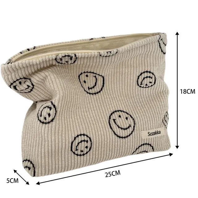 Alt view image 7 of 7 - Cosmetic Bags for Women - Corduroy Cosmetic Bag Aesthetic Women Handbags Purses Smile Dots Makeup Organizer Storage Makeup Bag Girls Case Bags (A-Beige)