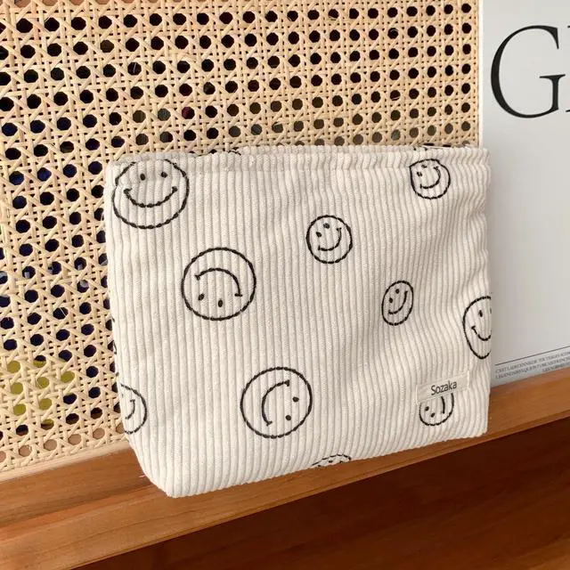 Alt view image 4 of 7 - Cosmetic Bags for Women - Corduroy Cosmetic Bag Aesthetic Women Handbags Purses Smile Dots Makeup Organizer Storage Makeup Bag Girls Case Bags (A-Beige)