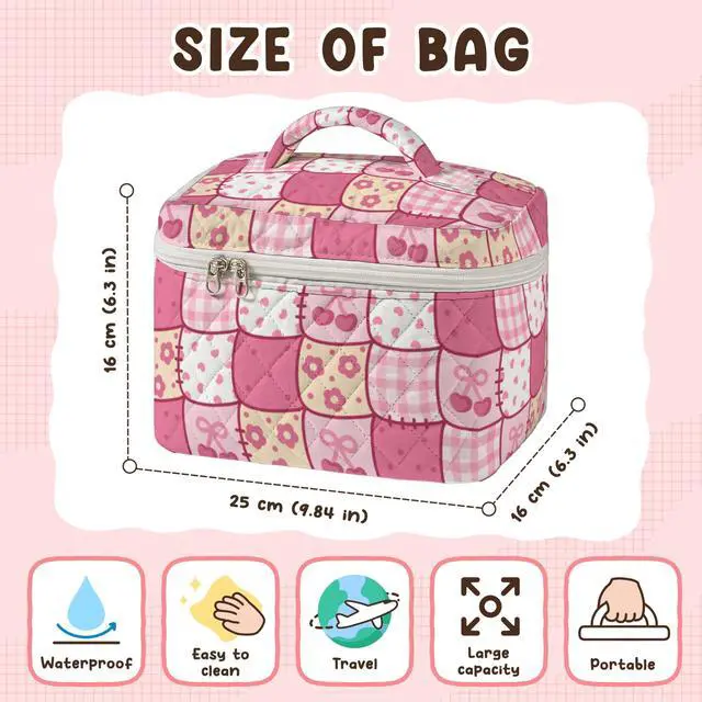 Alt view image 2 of 7 - Large Quilted Makeup Bag for Women Patchwork Cosmetic Travel Case Toiletry Organizer with Handle Soft Aesthetic Storage Skincare Brushes Accessories