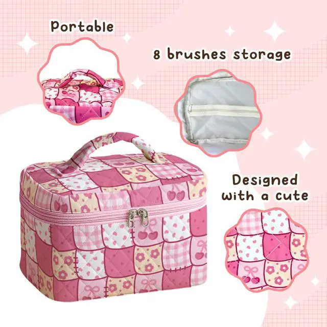 Alt view image 3 of 7 - Large Quilted Makeup Bag for Women Patchwork Cosmetic Travel Case Toiletry Organizer with Handle Soft Aesthetic Storage Skincare Brushes Accessories