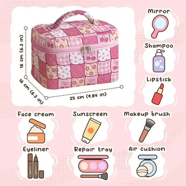 Alt view image 5 of 7 - Large Quilted Makeup Bag for Women Patchwork Cosmetic Travel Case Toiletry Organizer with Handle Soft Aesthetic Storage Skincare Brushes Accessories