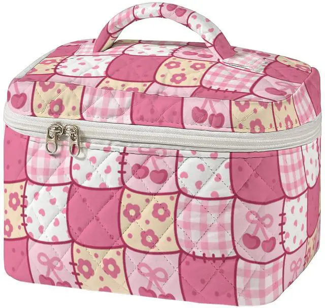 Main image of Large Quilted Makeup Bag for Women Patchwork Cosmetic Travel Case Toiletry Organizer with Handle Soft Aesthetic Storage Skincare Brushes Accessories