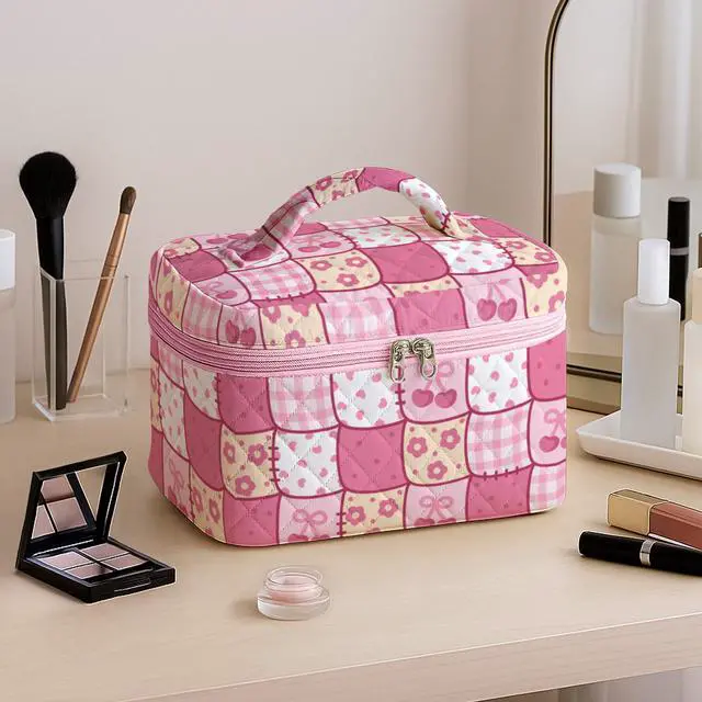 Alt view image 7 of 7 - Large Quilted Makeup Bag for Women Patchwork Cosmetic Travel Case Toiletry Organizer with Handle Soft Aesthetic Storage Skincare Brushes Accessories