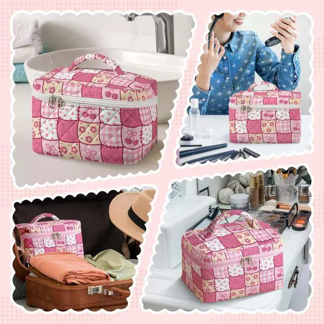 Alt view image 6 of 7 - Large Quilted Makeup Bag for Women Patchwork Cosmetic Travel Case Toiletry Organizer with Handle Soft Aesthetic Storage Skincare Brushes Accessories