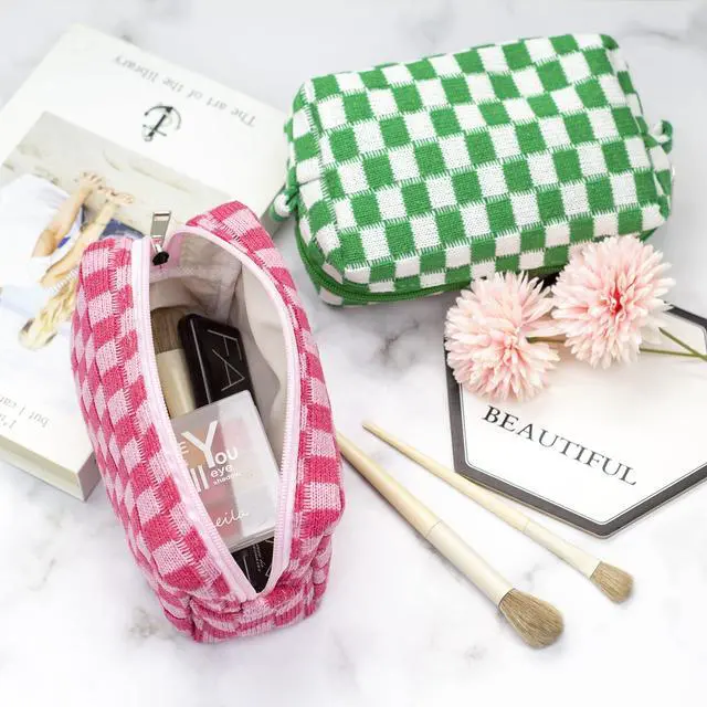 Alt view image 2 of 5 - Checkered Makeup Bag for Purse Portable Zipper Make Up Pouch Small Cosmetic Case for Travel Accessories (Hotpink)