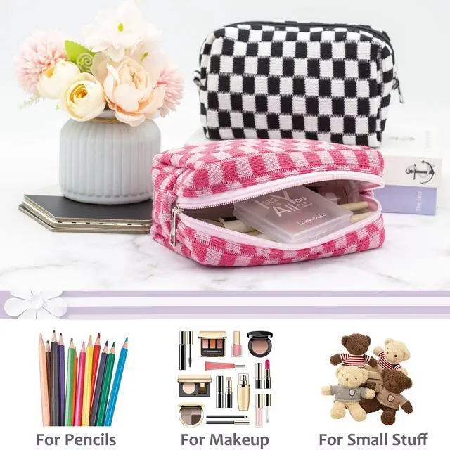 Alt view image 3 of 5 - Checkered Makeup Bag for Purse Portable Zipper Make Up Pouch Small Cosmetic Case for Travel Accessories (Hotpink)