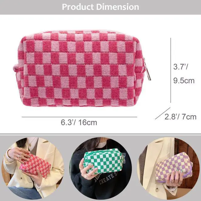 Alt view image 4 of 5 - Checkered Makeup Bag for Purse Portable Zipper Make Up Pouch Small Cosmetic Case for Travel Accessories (Hotpink)