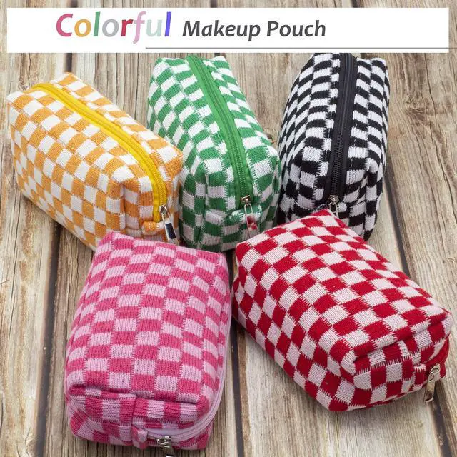 Alt view image 5 of 5 - Checkered Makeup Bag for Purse Portable Zipper Make Up Pouch Small Cosmetic Case for Travel Accessories (Hotpink)