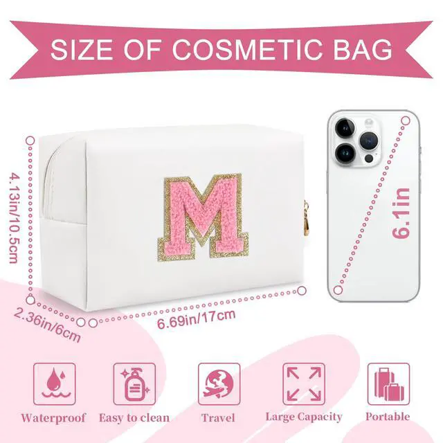 Alt view image 2 of 7 - Personalized Makeup Bag Initial A-Z Preppy Patch Bag,Small PU Leather Travel Cosmetic Bag Pouch with Zipper,White Cute Toiletry Bag,Gift Ideal for Teen Girls Women Birthday Friend Mom,Letter M