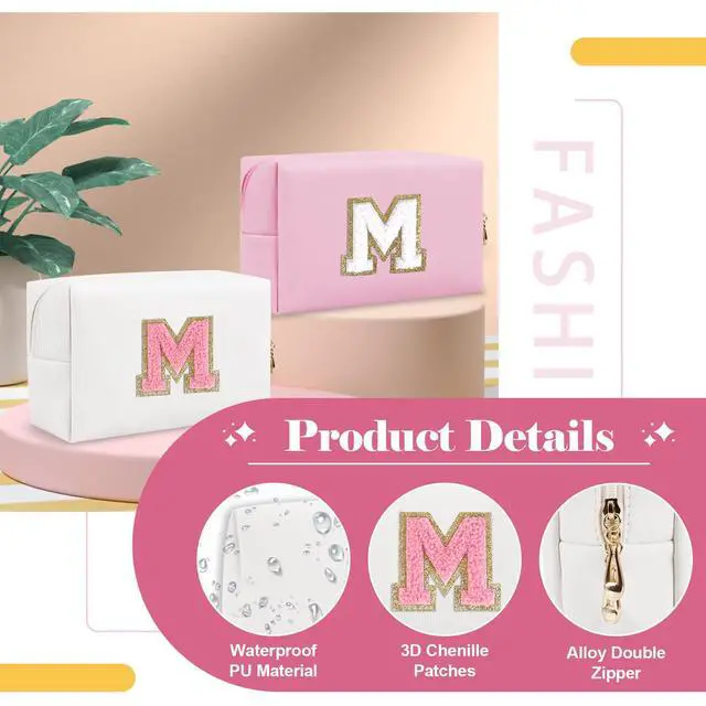 Alt view image 3 of 7 - Personalized Makeup Bag Initial A-Z Preppy Patch Bag,Small PU Leather Travel Cosmetic Bag Pouch with Zipper,White Cute Toiletry Bag,Gift Ideal for Teen Girls Women Birthday Friend Mom,Letter M