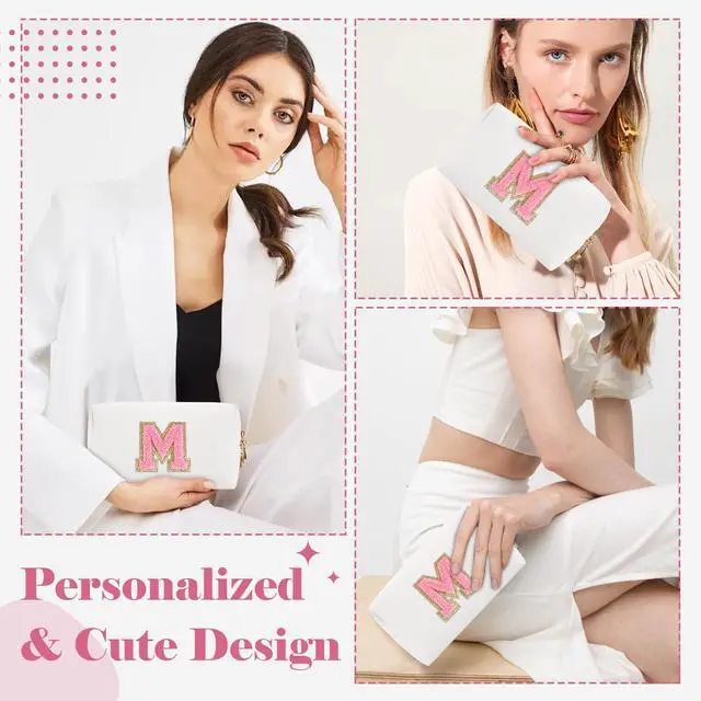 Alt view image 4 of 7 - Personalized Makeup Bag Initial A-Z Preppy Patch Bag,Small PU Leather Travel Cosmetic Bag Pouch with Zipper,White Cute Toiletry Bag,Gift Ideal for Teen Girls Women Birthday Friend Mom,Letter M