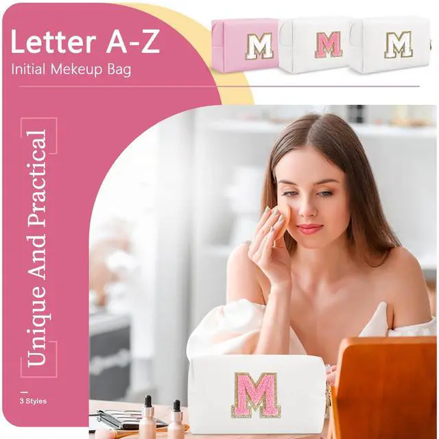 Alt view image 7 of 7 - Personalized Makeup Bag Initial A-Z Preppy Patch Bag,Small PU Leather Travel Cosmetic Bag Pouch with Zipper,White Cute Toiletry Bag,Gift Ideal for Teen Girls Women Birthday Friend Mom,Letter M
