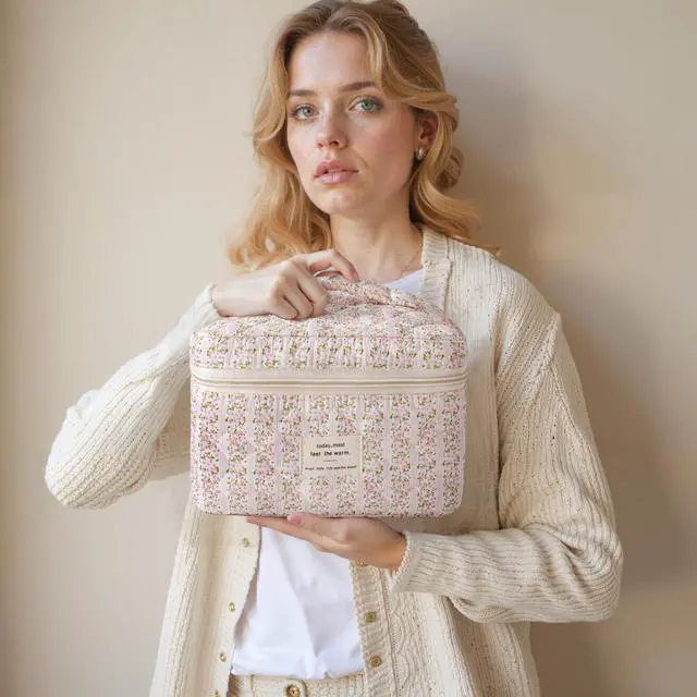 Alt view image 7 of 7 - Large Quilted Makeup Bag for Women Cute Cotton Travel Cosmetic Bag