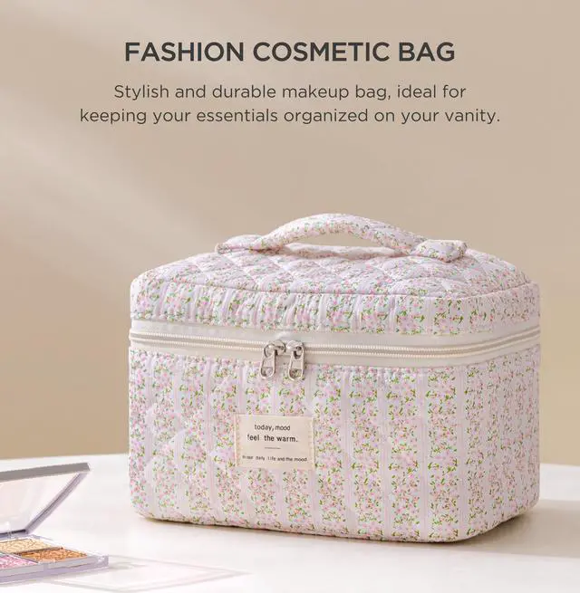 Alt view image 5 of 7 - Large Quilted Makeup Bag for Women Cute Cotton Travel Cosmetic Bag