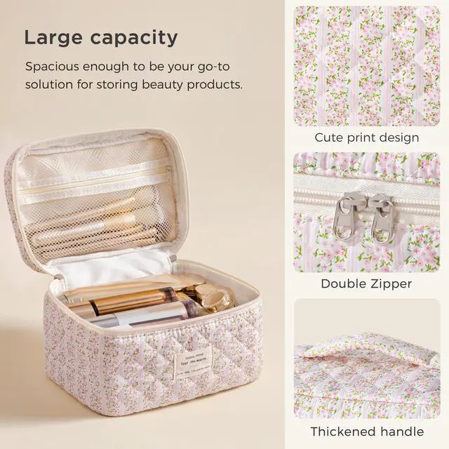 Alt view image 4 of 7 - Large Quilted Makeup Bag for Women Cute Cotton Travel Cosmetic Bag