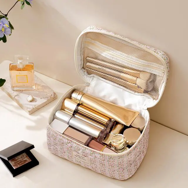 Alt view image 2 of 7 - Large Quilted Makeup Bag for Women Cute Cotton Travel Cosmetic Bag