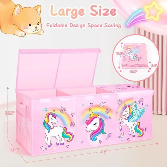 Alt view image 7 of 7 - Extra Large Toy Box Chest, Collapsible Toy Storage Organizer with Lids, 40"X14"X16" Sturdy Large Kids Toy Storage Bins Boxes Baskets for Girls, Boys, Nursery, Playroom, Pink