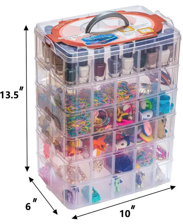 Alt view image 7 of 7 - 6-Tier Stackable Craft Organizers and Storage Box with 60 Compartments,Plastic for Toys,Dolls, Arts and Craft, Fuse Beads, Washi Tape, Rock Collection, Ribbons,Clear