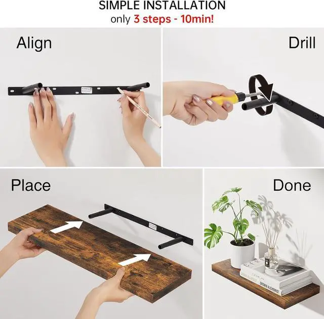 Alt view image 6 of 7 - Floating Shelves Set of 2, 22.5 inches Farmhouse Rustic Wood Wall Mounted Shelves for Bathroom, Bedroom, Living Room or Kitchen, Hanging Shelf Decor Book with 22lbs Capacity