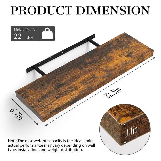 Alt view image 5 of 7 - Floating Shelves Set of 2, 22.5 inches Farmhouse Rustic Wood Wall Mounted Shelves for Bathroom, Bedroom, Living Room or Kitchen, Hanging Shelf Decor Book with 22lbs Capacity