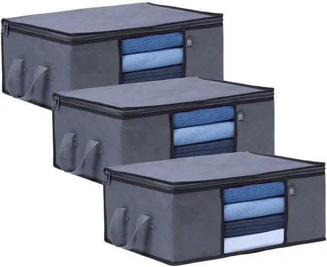 Main image of 3 Pack Medium Clothes Storage Bag Organizer with Reinforced Handle, Thick Container Bins for Blankets, Comforters, Bedding, Foldable with Sturdy Zipper, Clear Window, Grey, Reusable (9.5 Gallon)