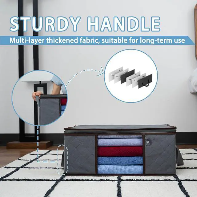 Alt view image 2 of 7 - 3 Pack Medium Clothes Storage Bag Organizer with Reinforced Handle, Thick Container Bins for Blankets, Comforters, Bedding, Foldable with Sturdy Zipper, Clear Window, Grey, Reusable (9.5 Gallon)