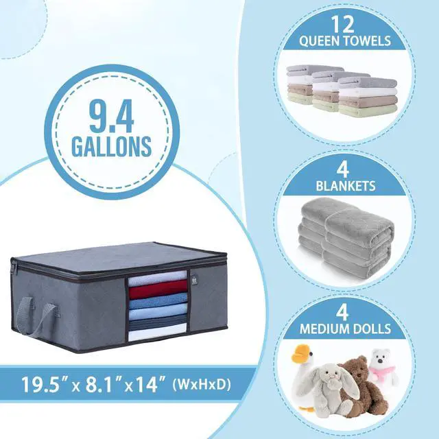 Alt view image 4 of 7 - 3 Pack Medium Clothes Storage Bag Organizer with Reinforced Handle, Thick Container Bins for Blankets, Comforters, Bedding, Foldable with Sturdy Zipper, Clear Window, Grey, Reusable (9.5 Gallon)