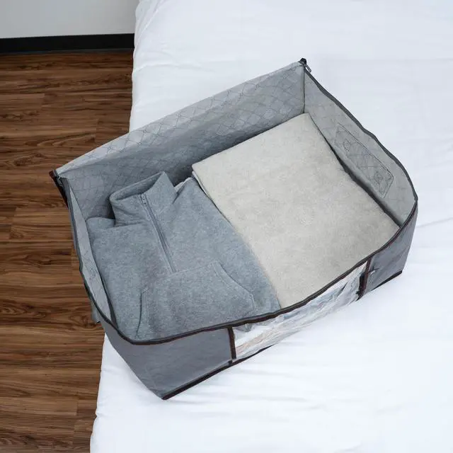 Alt view image 7 of 7 - 3 Pack Medium Clothes Storage Bag Organizer with Reinforced Handle, Thick Container Bins for Blankets, Comforters, Bedding, Foldable with Sturdy Zipper, Clear Window, Grey, Reusable (9.5 Gallon)
