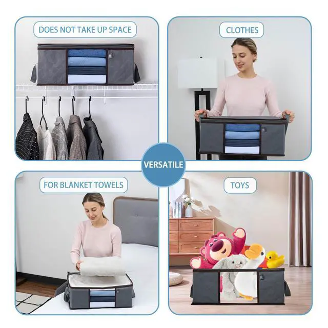 Alt view image 3 of 7 - 3 Pack Medium Clothes Storage Bag Organizer with Reinforced Handle, Thick Container Bins for Blankets, Comforters, Bedding, Foldable with Sturdy Zipper, Clear Window, Grey, Reusable (9.5 Gallon)