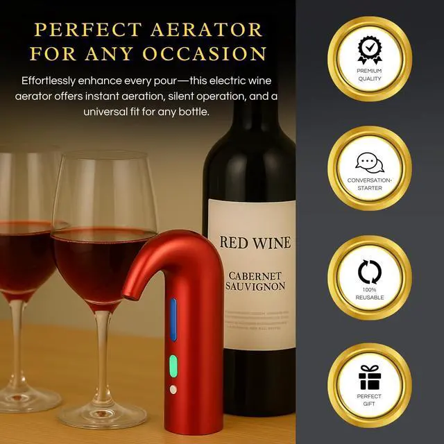 Alt view image 5 of 7 - Electric Wine Aerator Dispenser - Portable Premium Opener Accessory for Red & White Wines - Touch Activated Aeration for Spirits - Spout Pourer - Beginner and Enthusiast Gift (RED)