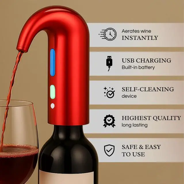 Alt view image 3 of 7 - Electric Wine Aerator Dispenser - Portable Premium Opener Accessory for Red & White Wines - Touch Activated Aeration for Spirits - Spout Pourer - Beginner and Enthusiast Gift (RED)