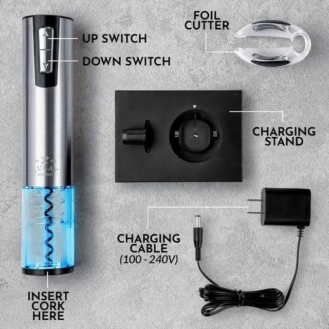 Alt view image 7 of 7 - Electric Wine Opener with Charging Base & Foil Cutter - Rechargeable Automatic Corkscrew Wine Bottle Opener for Natural & Synthetic Corks - Stainless Steel Silver
