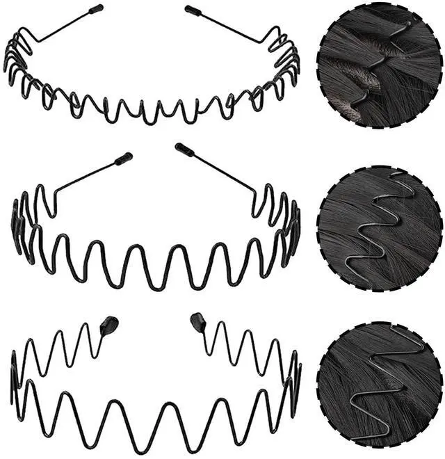 Main image of Hair Band for Men Metal Headbands Wavy Elastic Hairband 3 Pcs